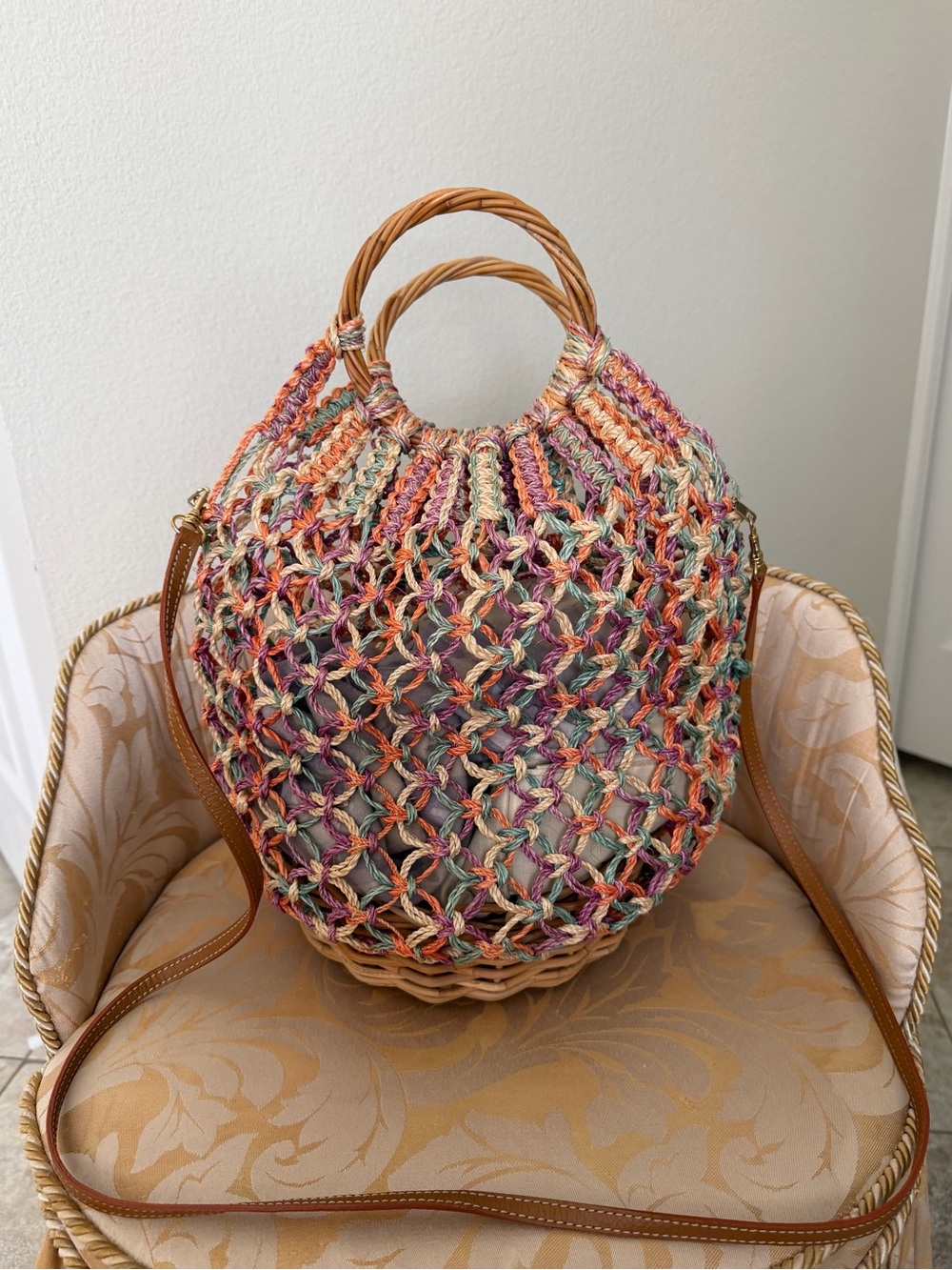 Multicolor Crochet Tote with Bamboo Ring Handles and Tan Strap